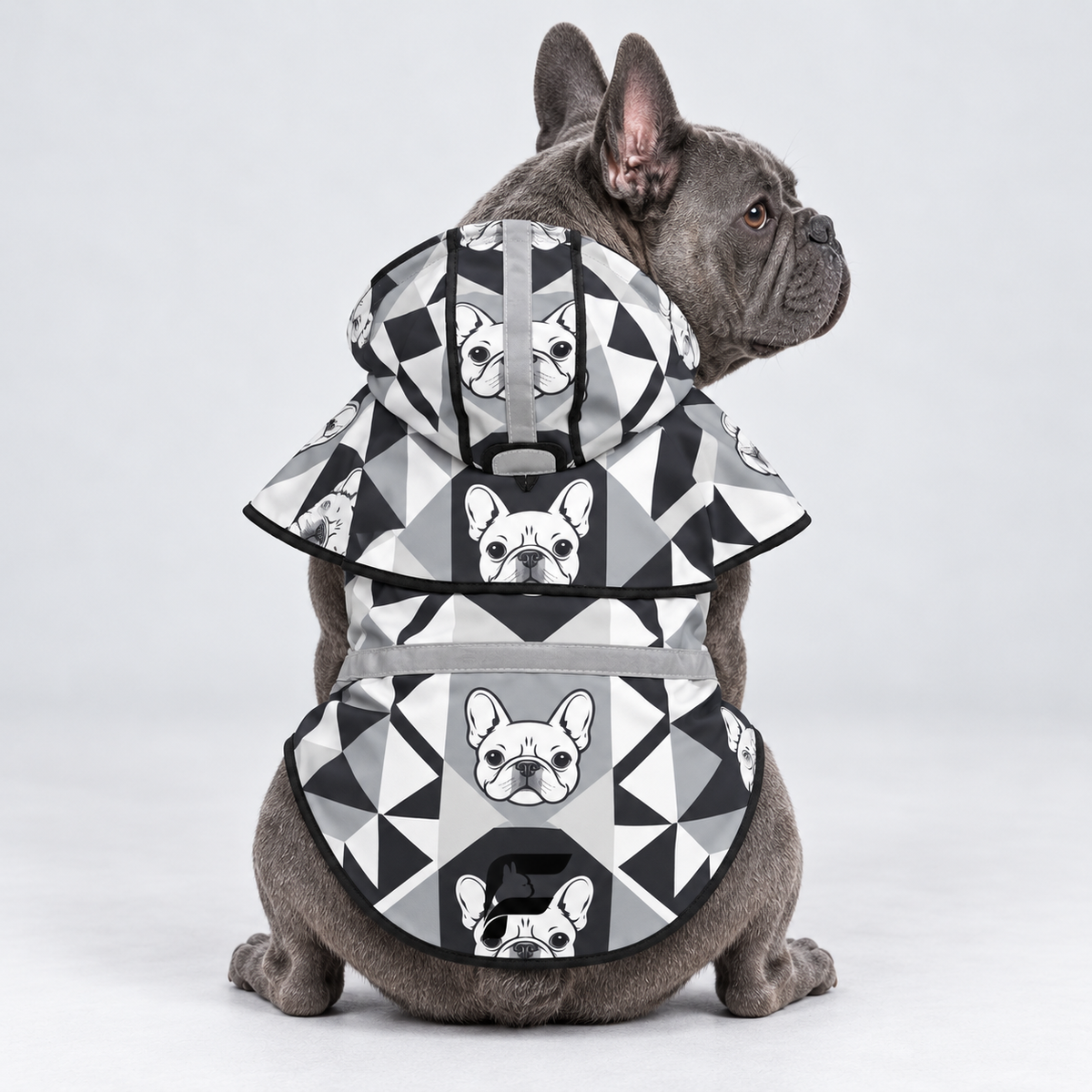 Urban Monochrome French Bulldog raincoat on Frenchie model