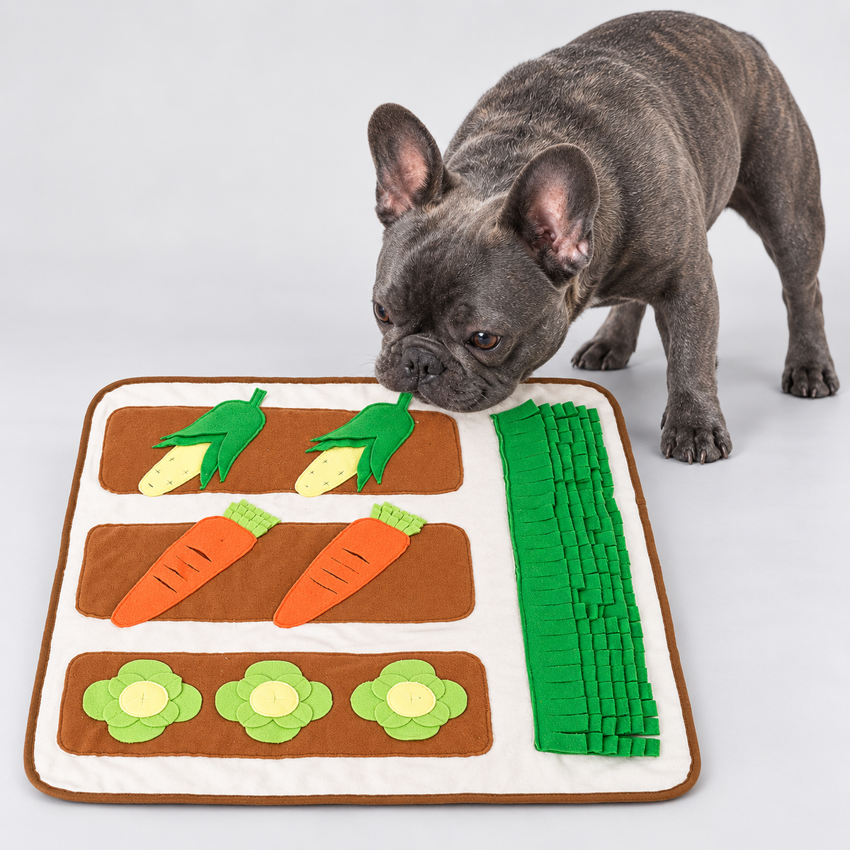 Vegetable Garden French Bulldog Snuffle Mat — Beige studio photo