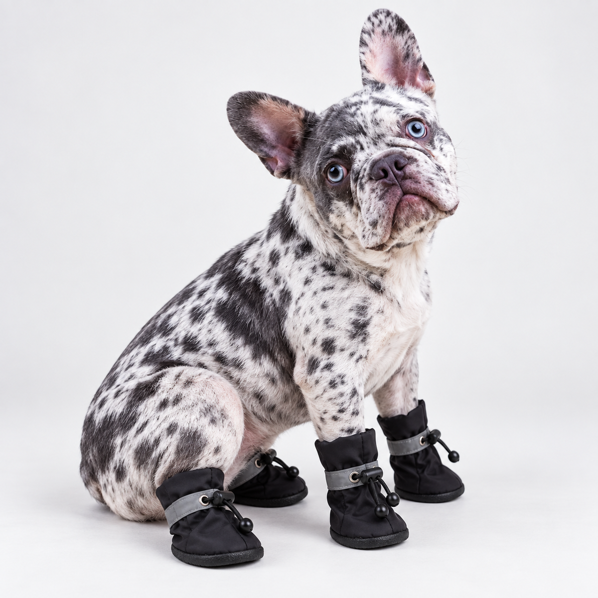 Seated merle French Bulldog wearing black warm winter boots