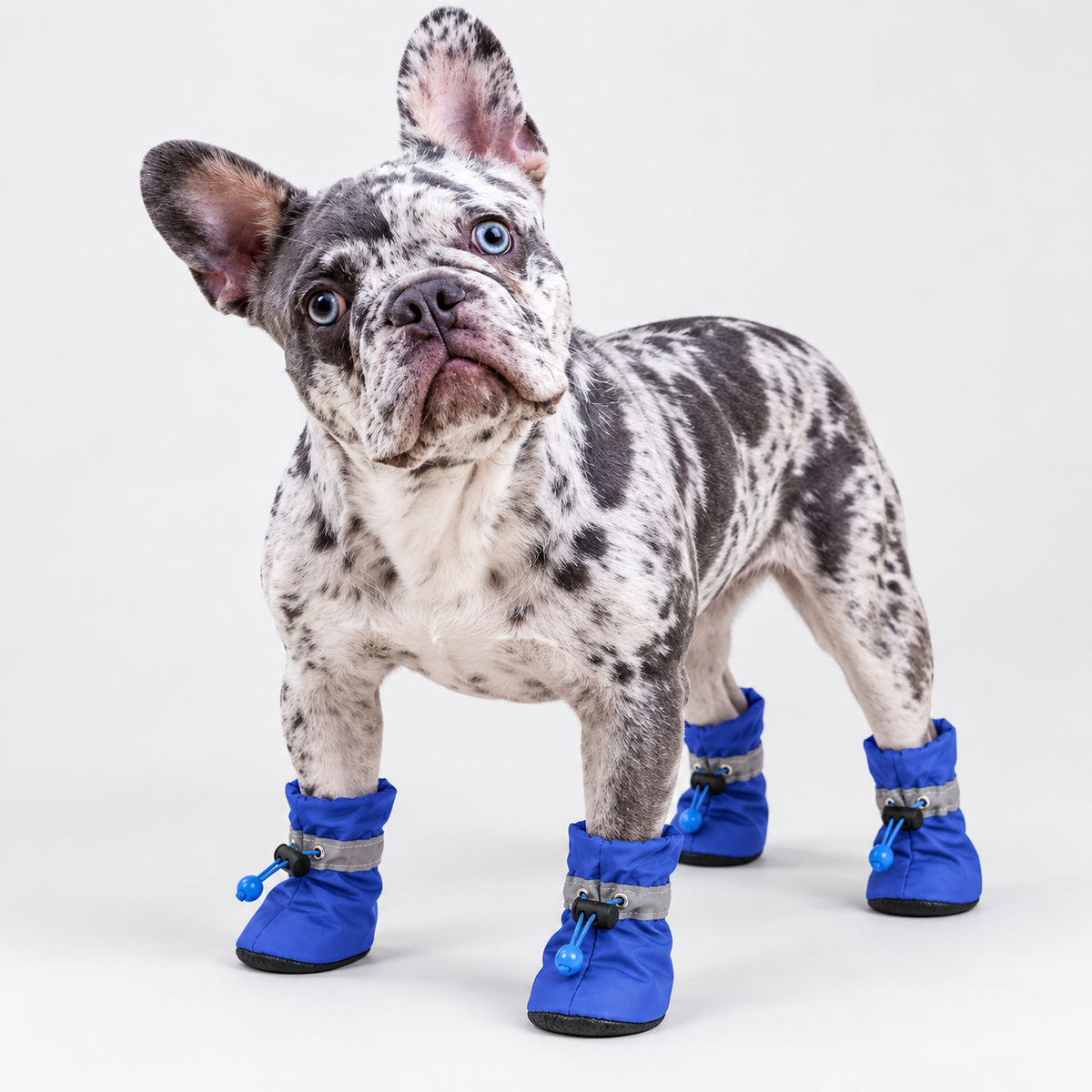 Merle French Bulldog wearing blue warm winter boots