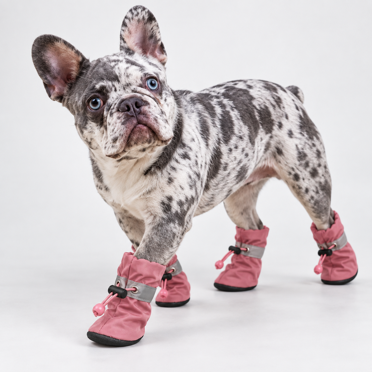 Walking merle French Bulldog wearing rose warm winter boots