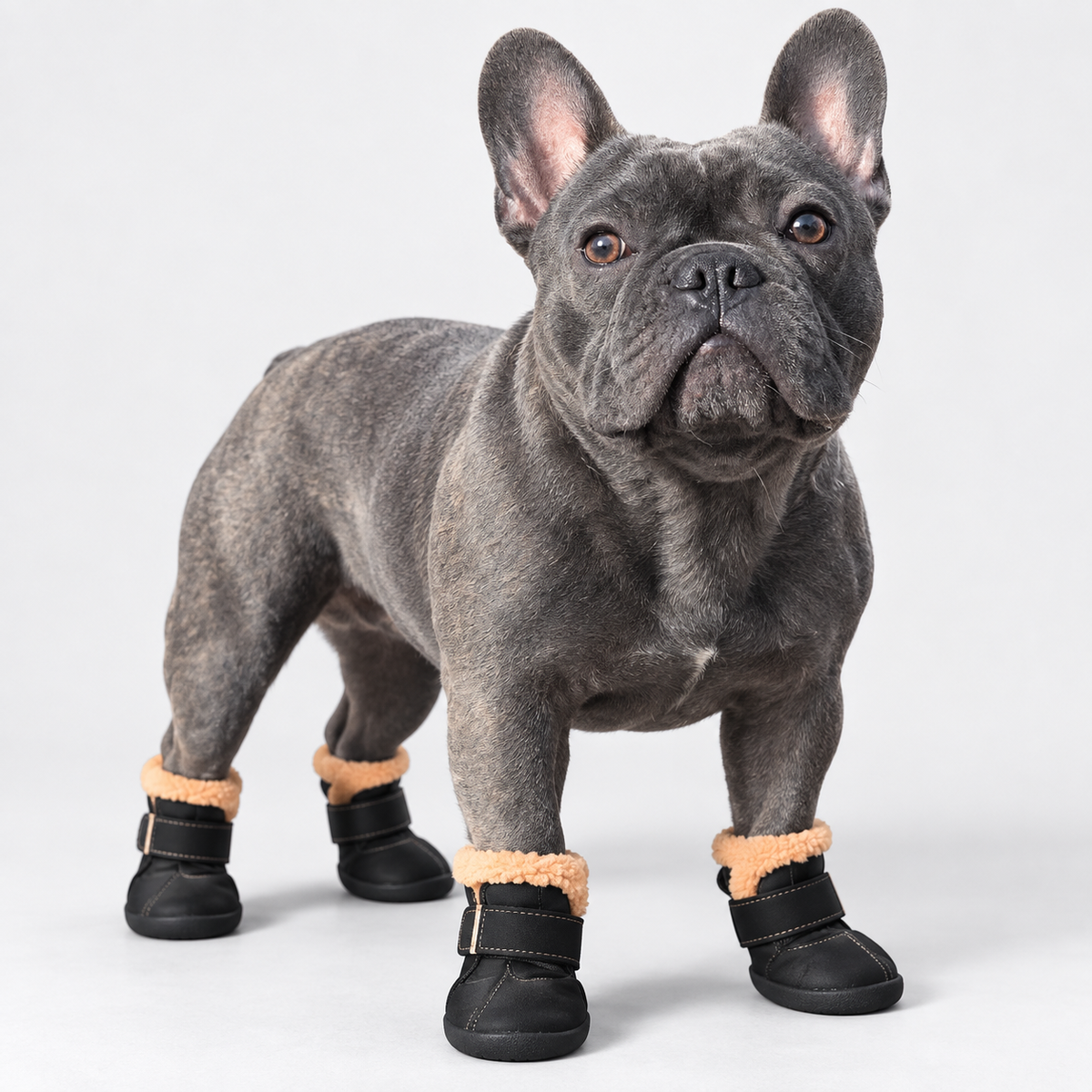 Blue French Bulldog wearing black fleece-lined winter boots