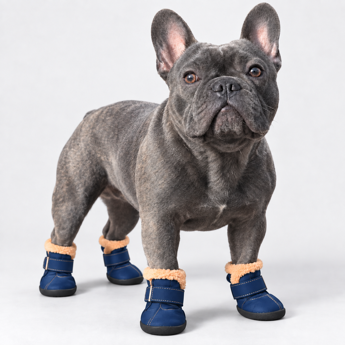 Blue French Bulldog wearing blue fleece-lined winter boots