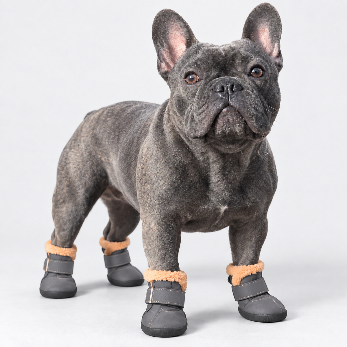 Blue French Bulldog wearing gray fleece-lined winter boots