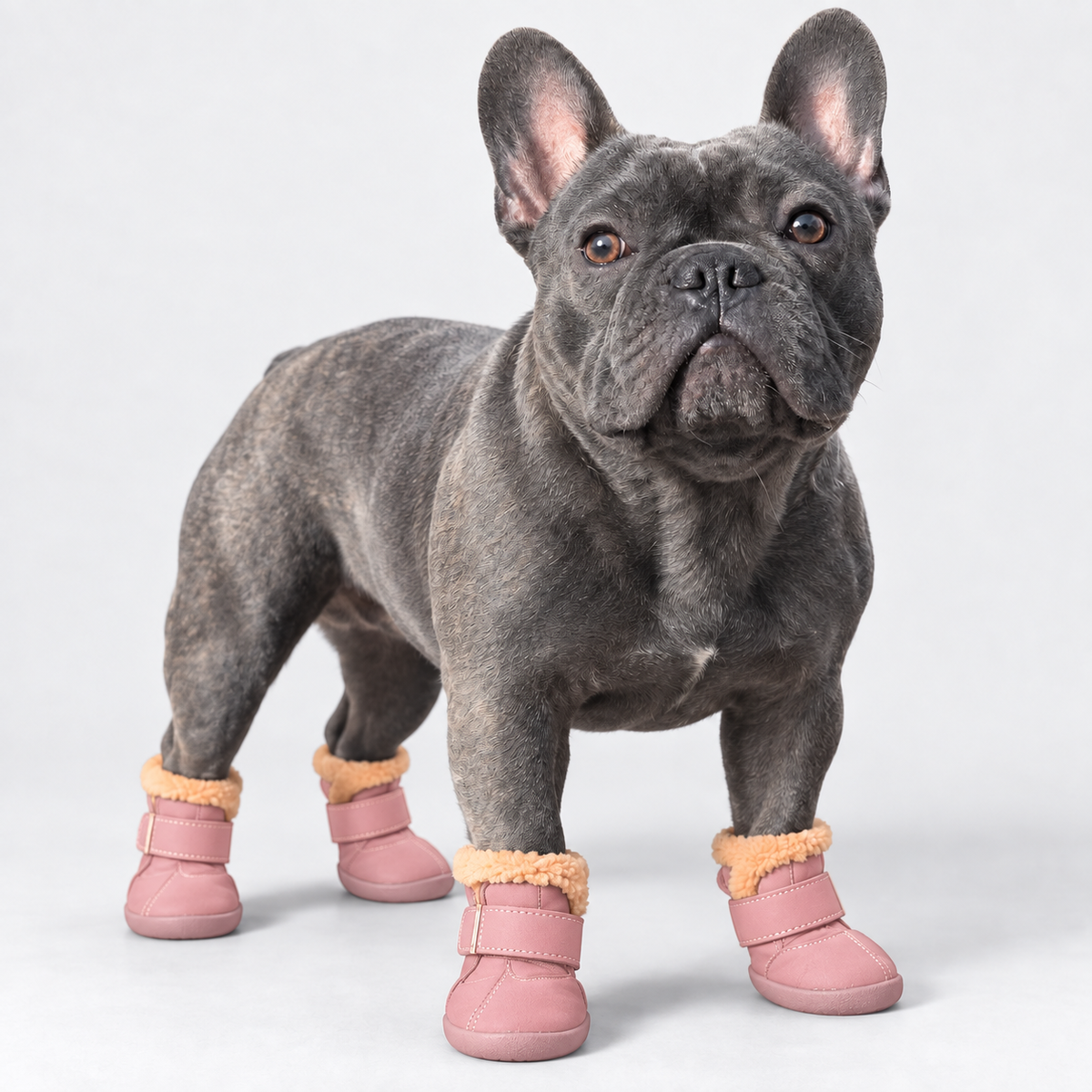 Blue French Bulldog wearing pink fleece-lined winter boots
