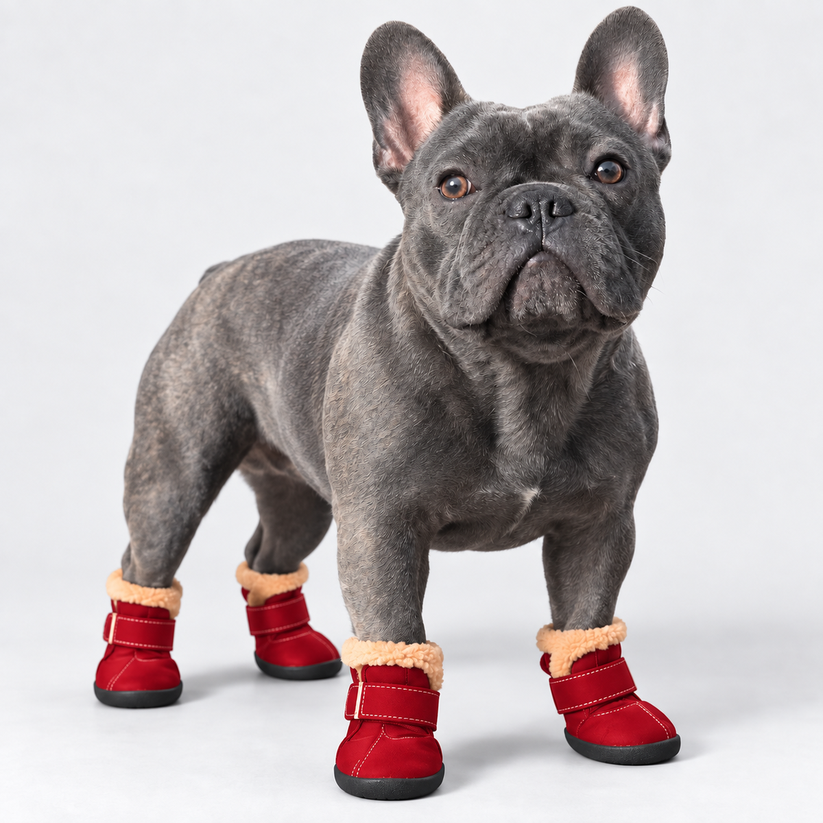Blue French Bulldog wearing red fleece-lined winter boots