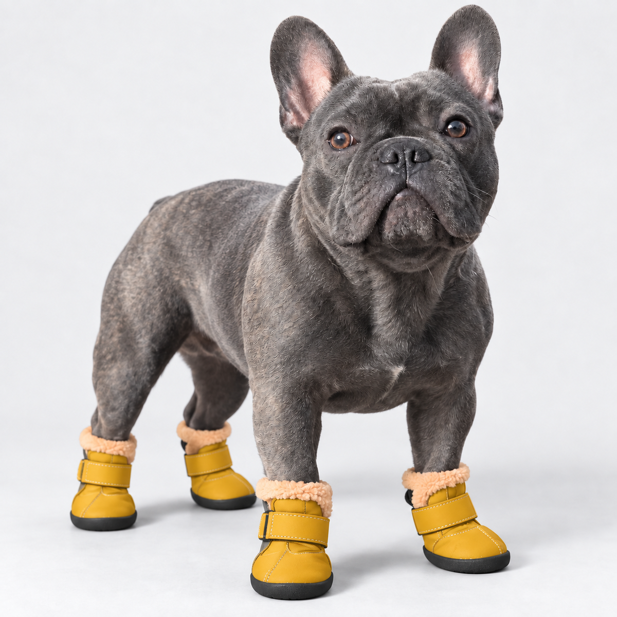 Blue French Bulldog wearing yellow fleece-lined winter boots