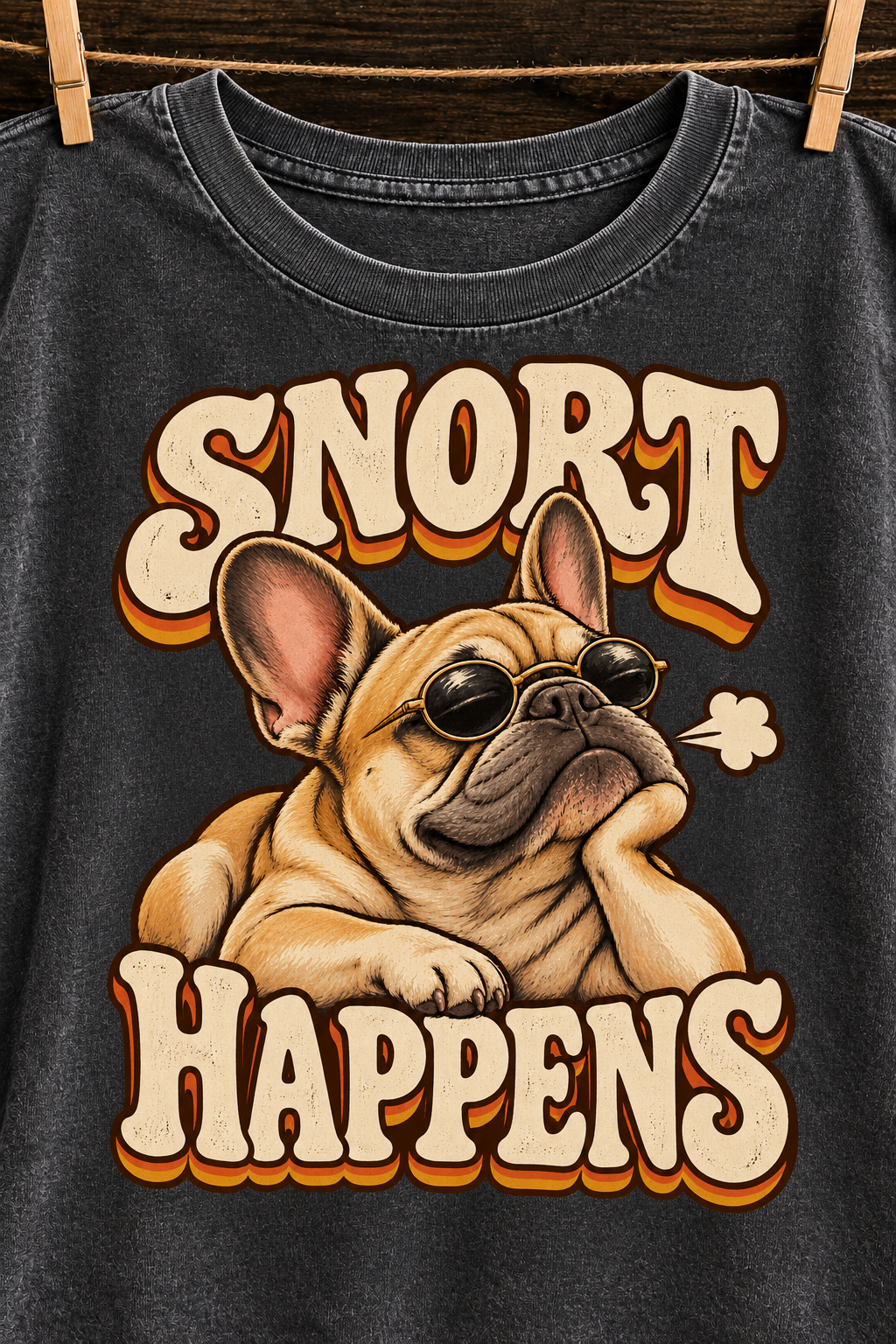 Snort Happens — Black washed cotton French Bulldog T-shirt artwork close-up