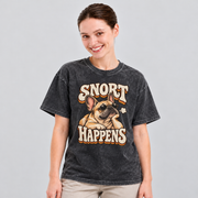 Snort Happens — Black washed cotton French Bulldog T-shirt on our model