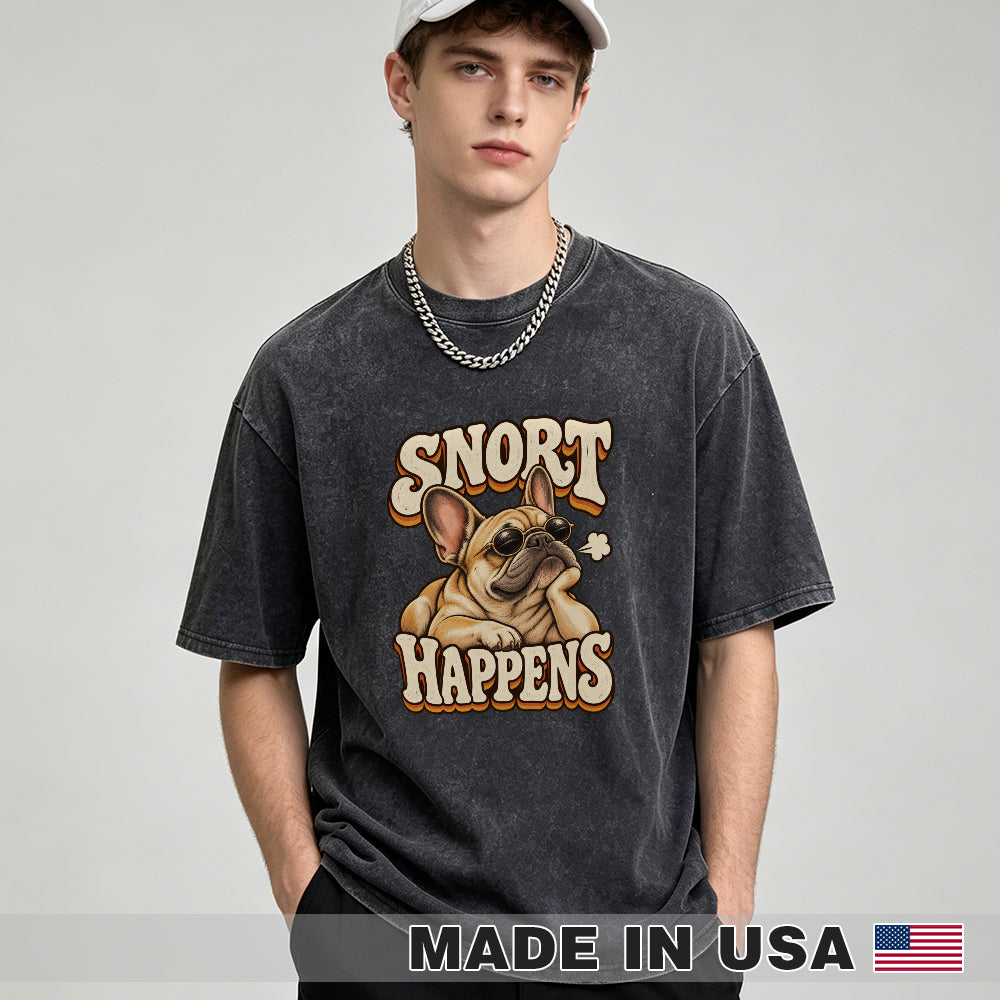 Snort Happens — washed cotton French Bulldog T-shirt, Black studio model