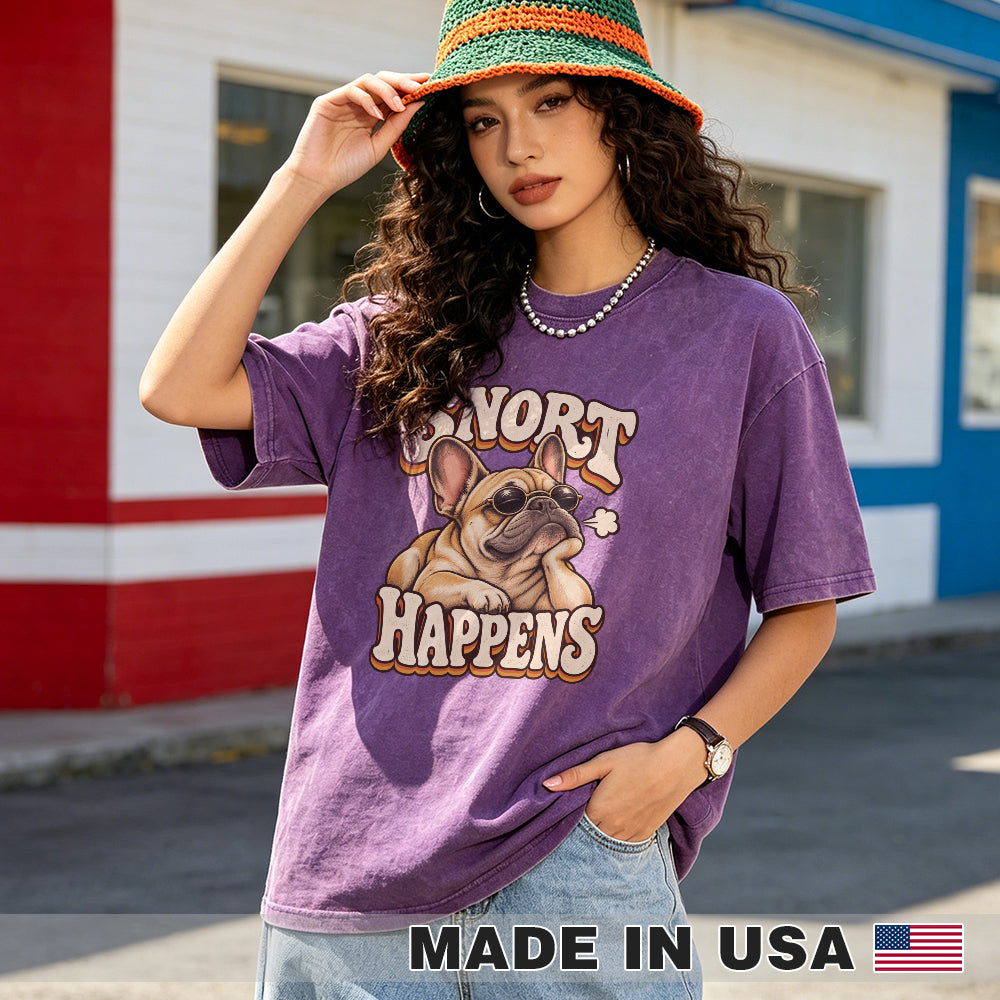 Snort Happens — washed cotton French Bulldog T-shirt, Purple lifestyle