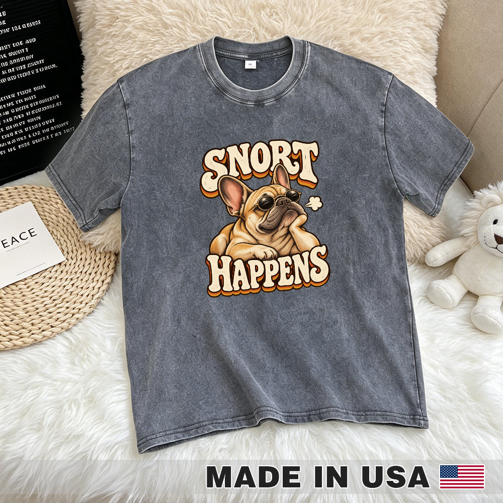 Snort Happens — washed cotton French Bulldog T-shirt, Gray flat lay