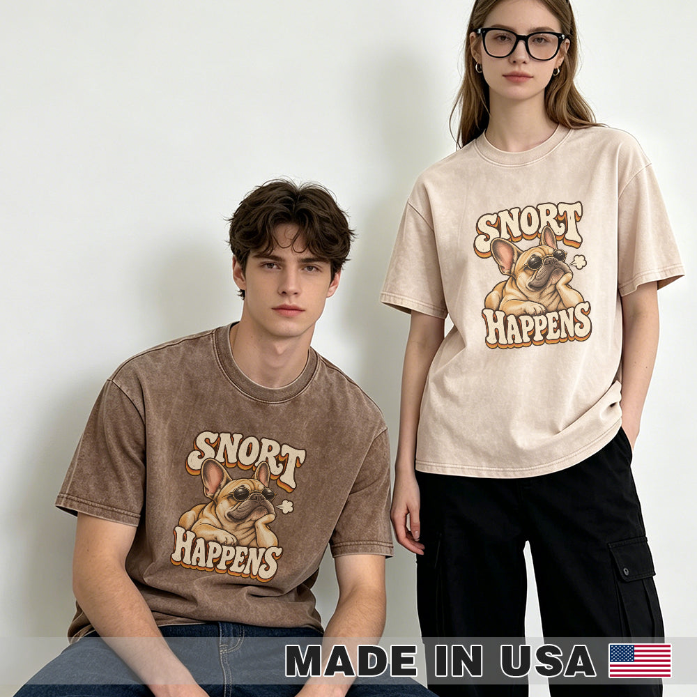 Snort Happens — washed cotton French Bulldog T-shirt, Coffee and Apricot
