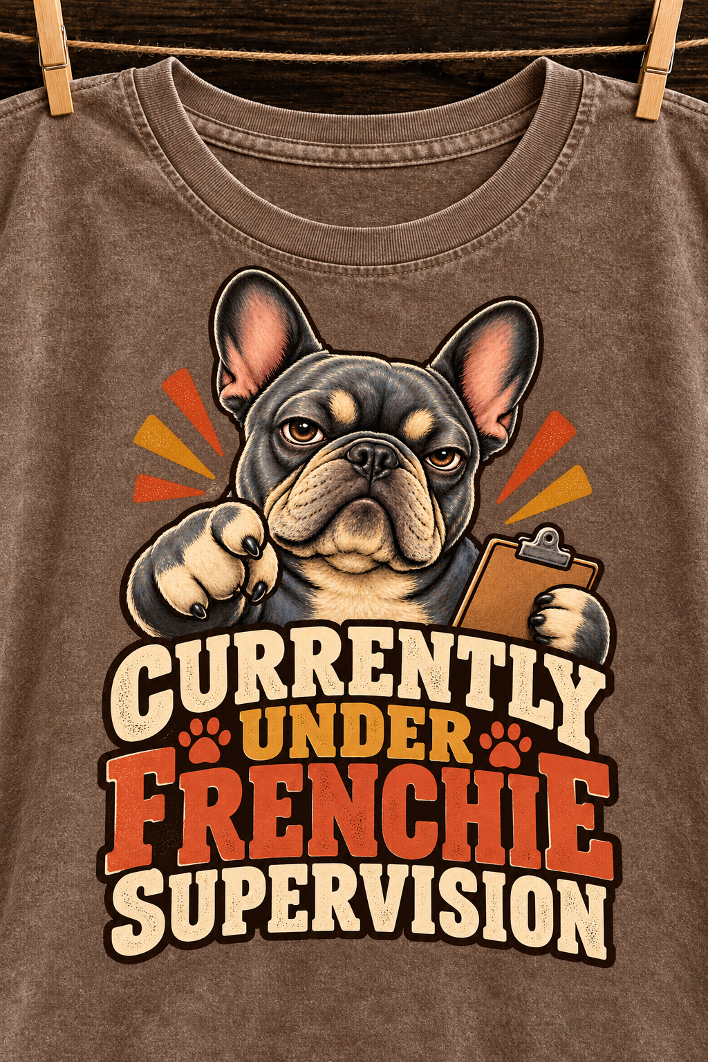 Currently Under Frenchie Supervision — Coffee washed cotton French Bulldog T-shirt artwork close-up
