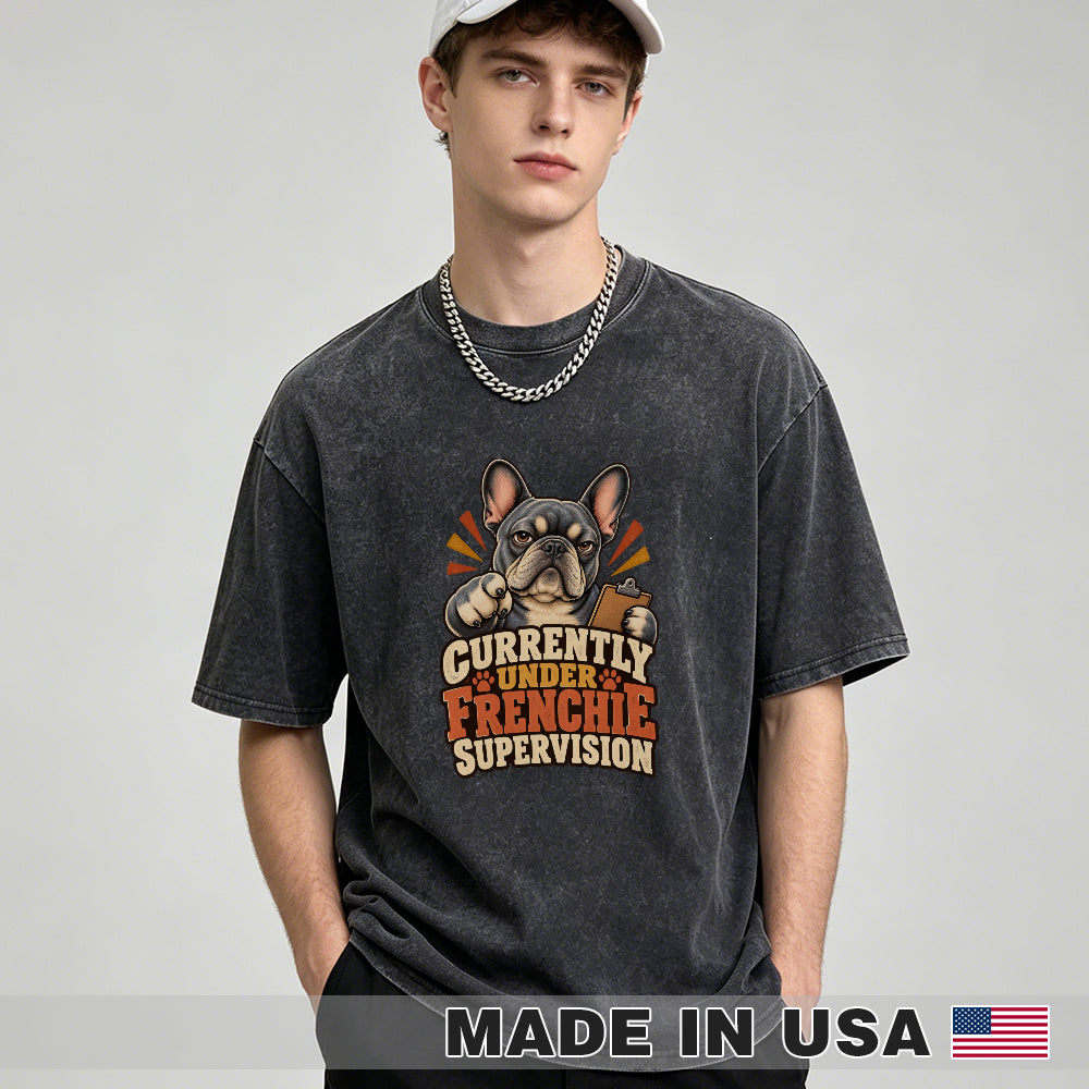 Currently Under Frenchie Supervision — washed cotton French Bulldog T-shirt, Black studio model
