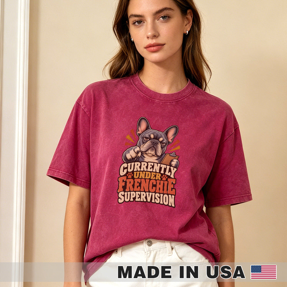 Currently Under Frenchie Supervision — washed cotton French Bulldog T-shirt, Red fuchsia lifestyle