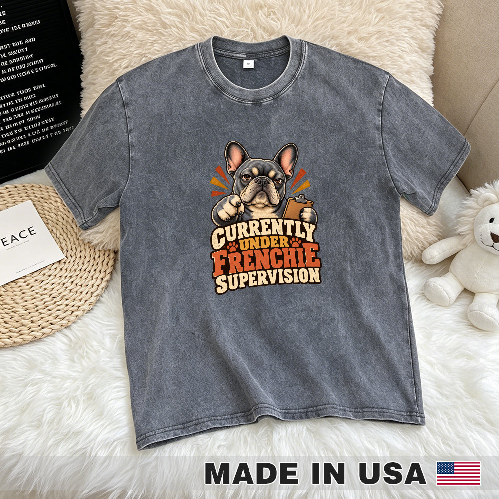 Currently Under Frenchie Supervision — washed cotton French Bulldog T-shirt, Gray flat lay