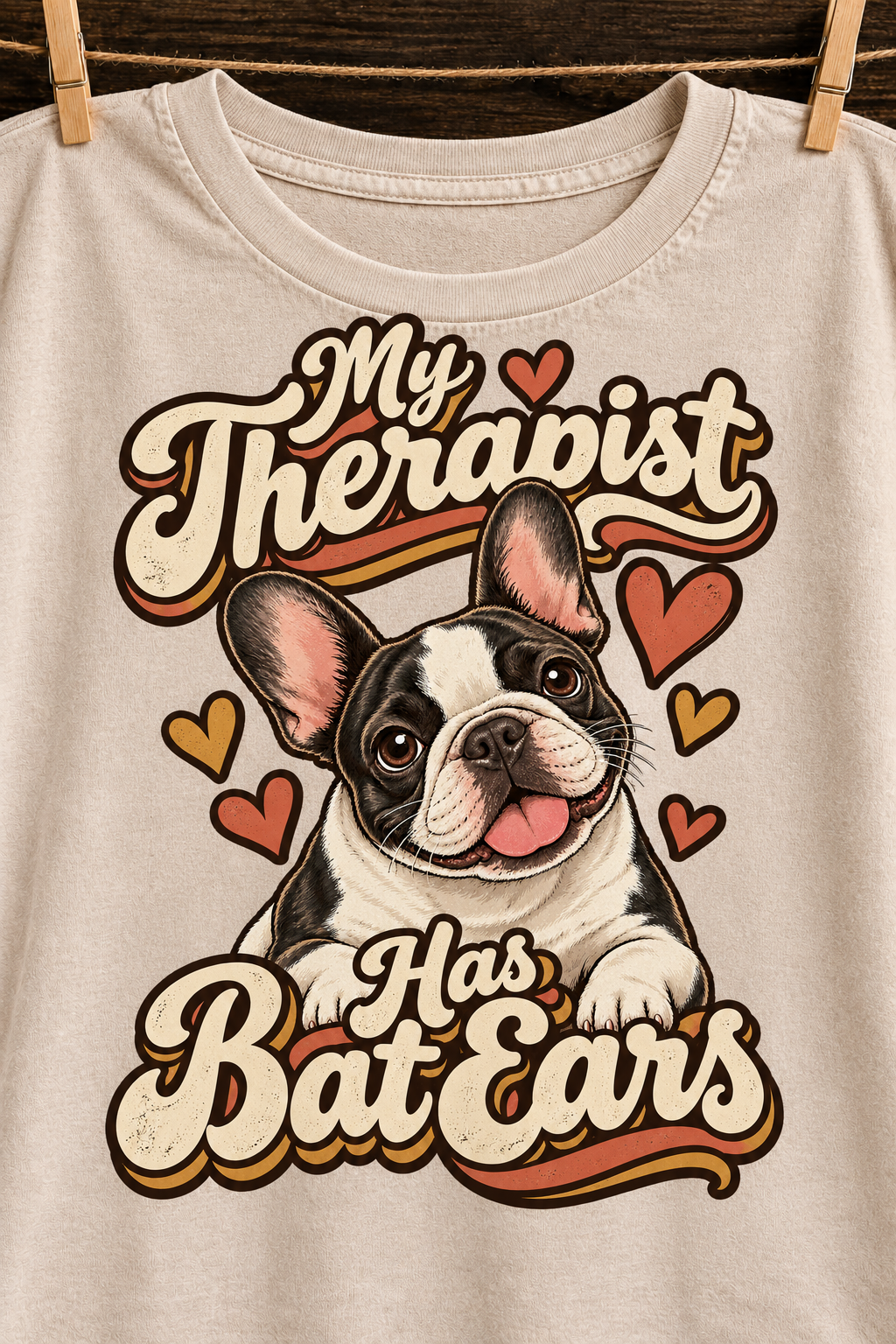 My Therapist Has Bat Ears — Apricot washed cotton French Bulldog T-shirt artwork close-up