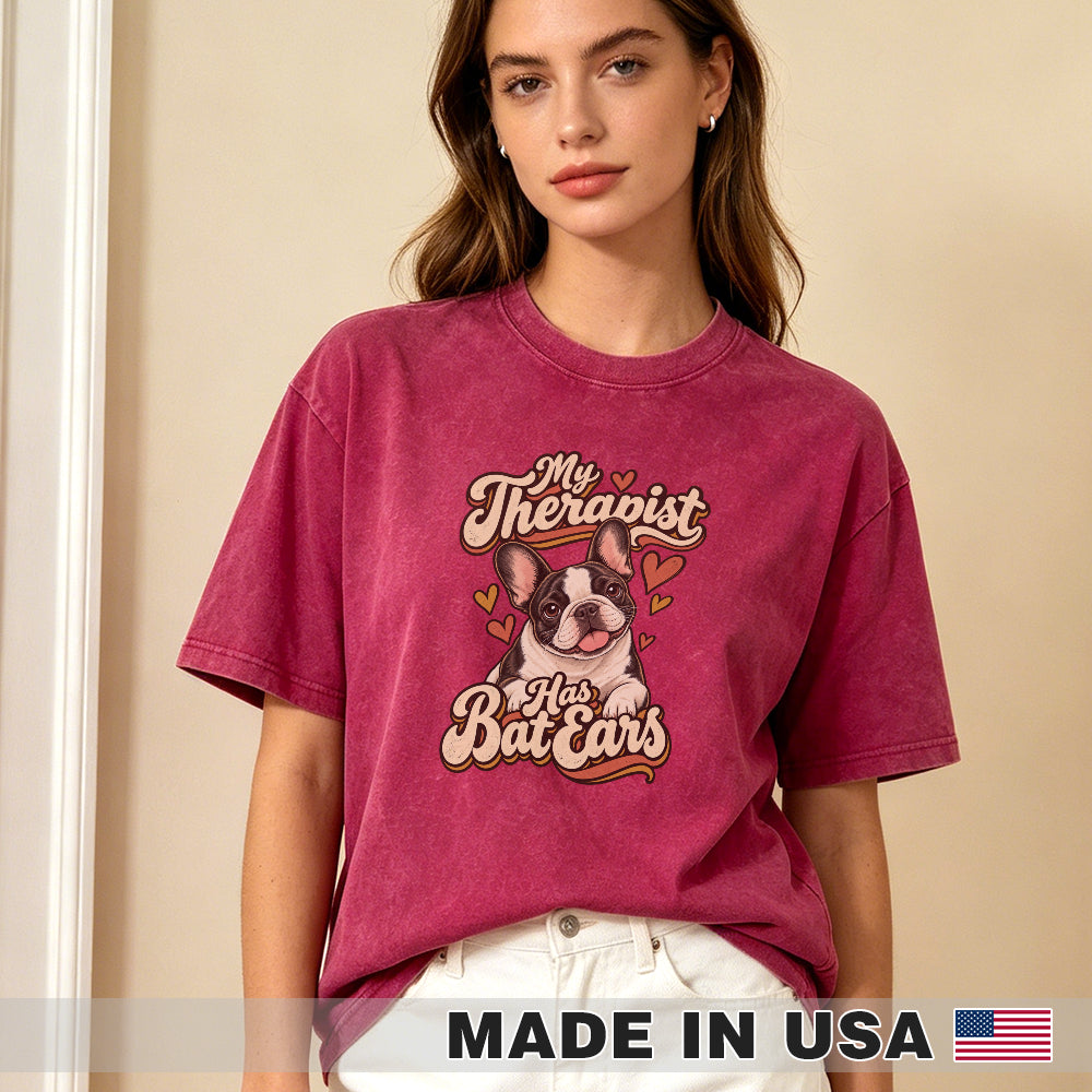 My Therapist Has Bat Ears — washed cotton French Bulldog T-shirt, Red fuchsia lifestyle