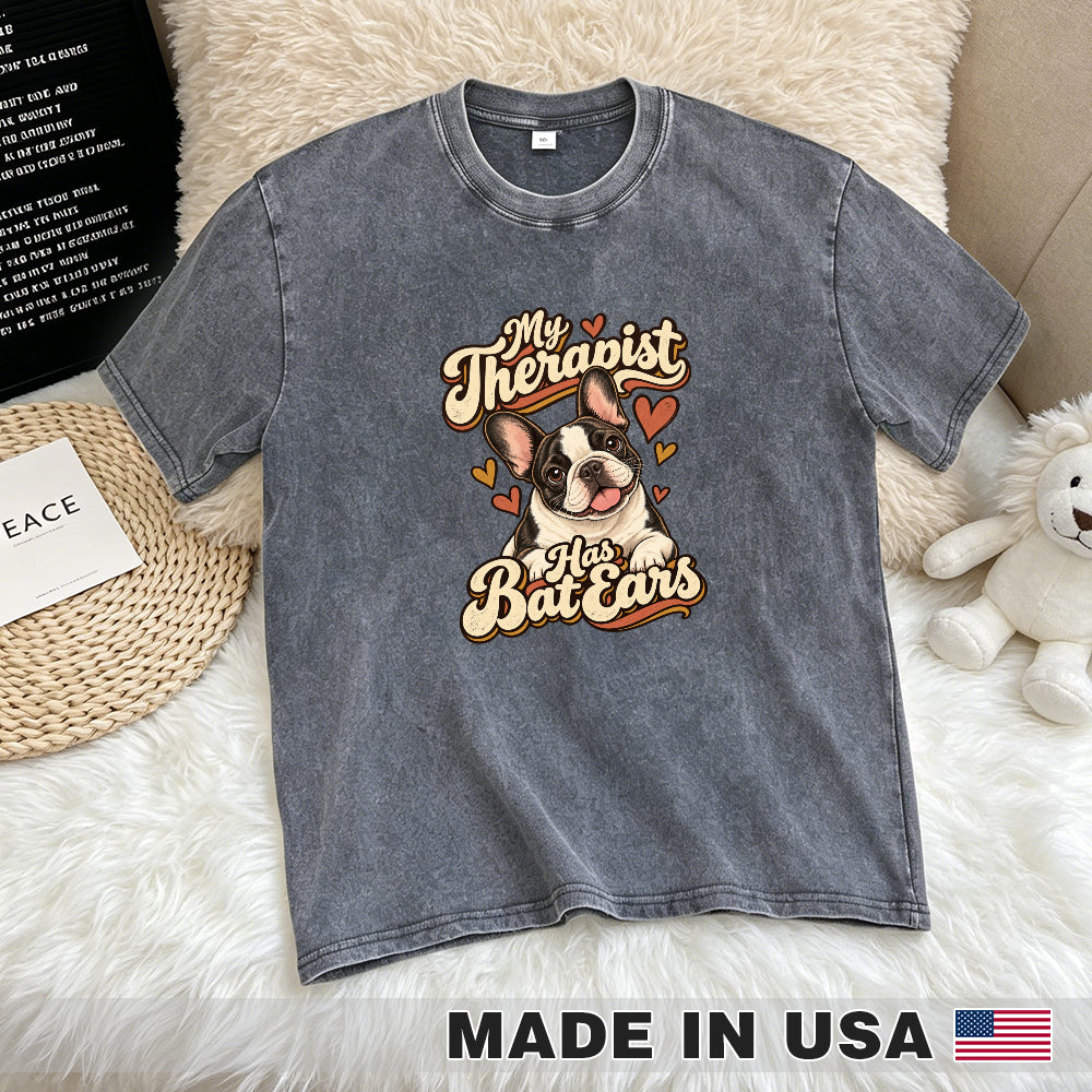 My Therapist Has Bat Ears — washed cotton French Bulldog T-shirt, Gray flat lay