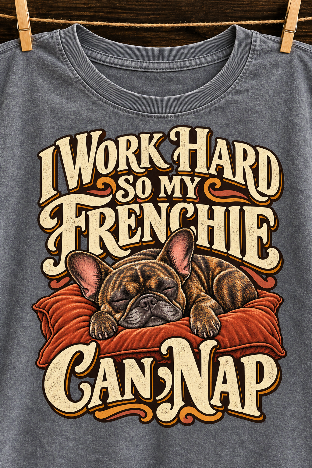 I Work Hard So My Frenchie Can Nap — Gray washed cotton French Bulldog T-shirt artwork close-up