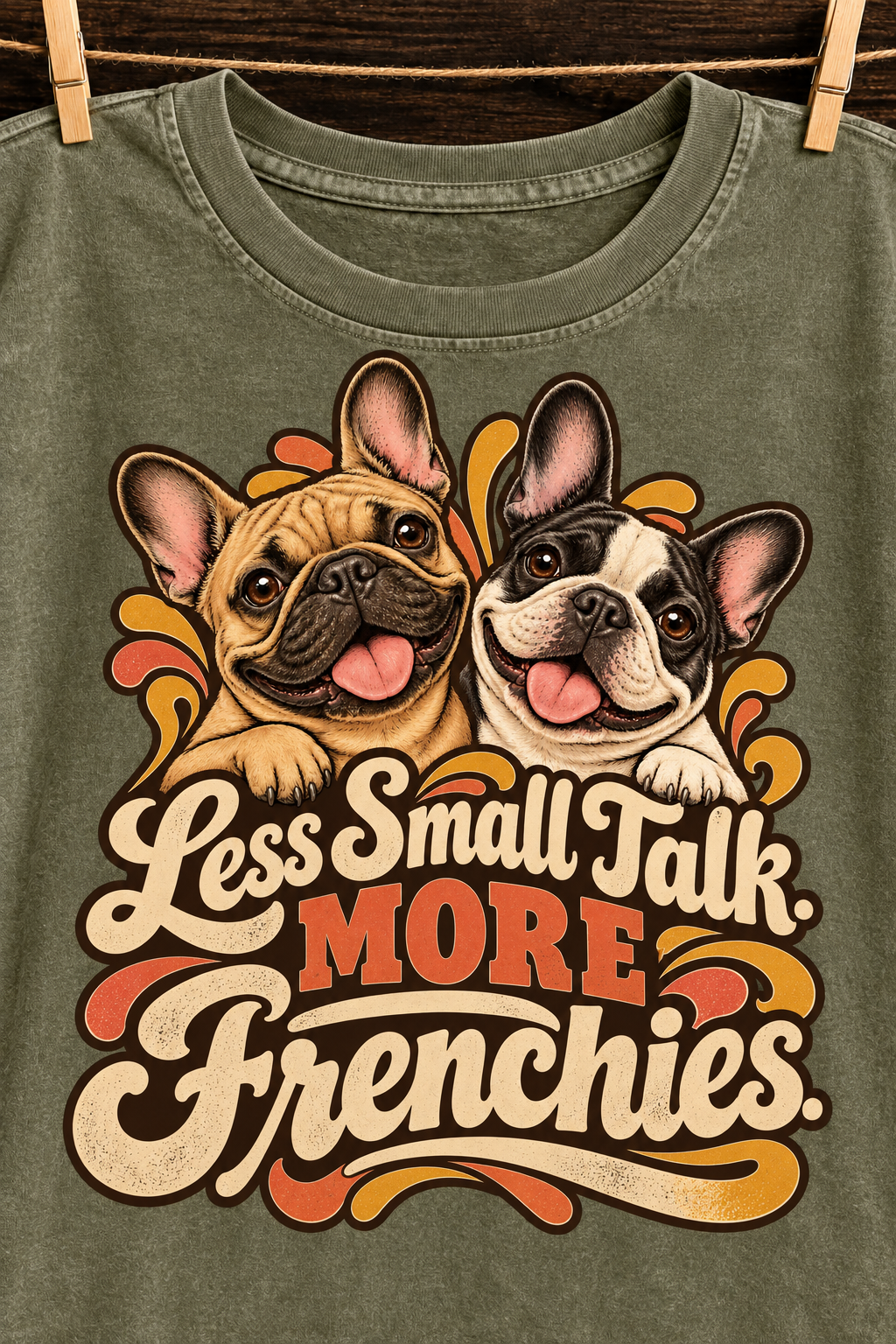 Less Small Talk. More Frenchies. — Green washed cotton French Bulldog T-shirt artwork close-up
