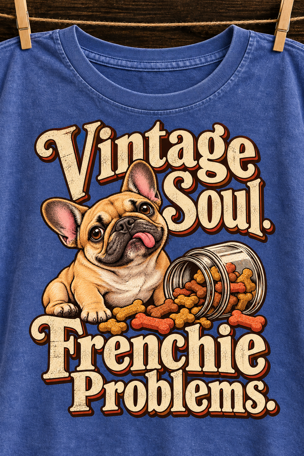 Vintage Soul. Frenchie Problems. — Blue washed cotton French Bulldog T-shirt artwork close-up