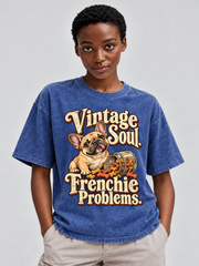 Vintage Soul. Frenchie Problems. — Blue washed cotton French Bulldog T-shirt on our model