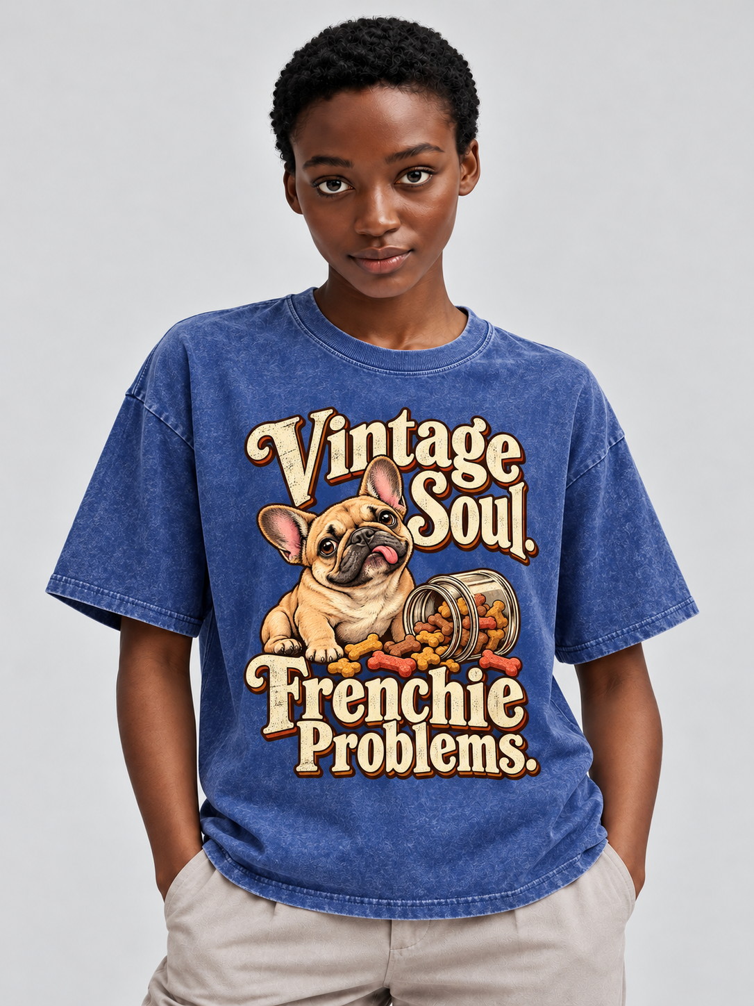 Vintage Soul. Frenchie Problems. — Blue washed cotton French Bulldog T-shirt on our model