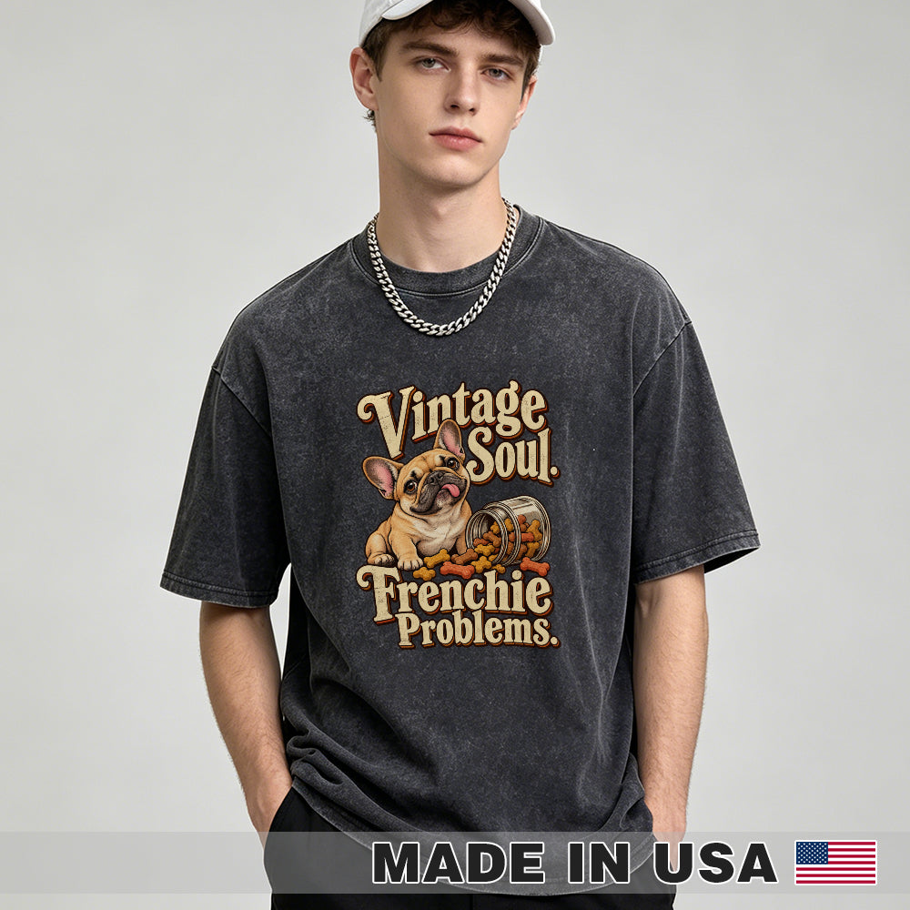 Vintage Soul. Frenchie Problems. — washed cotton French Bulldog T-shirt, Black studio model