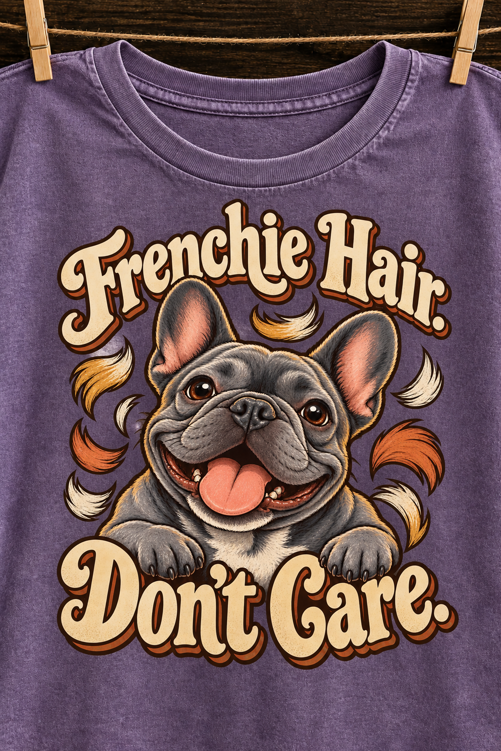 Frenchie Hair. Don't Care. — Purple washed cotton French Bulldog T-shirt artwork close-up