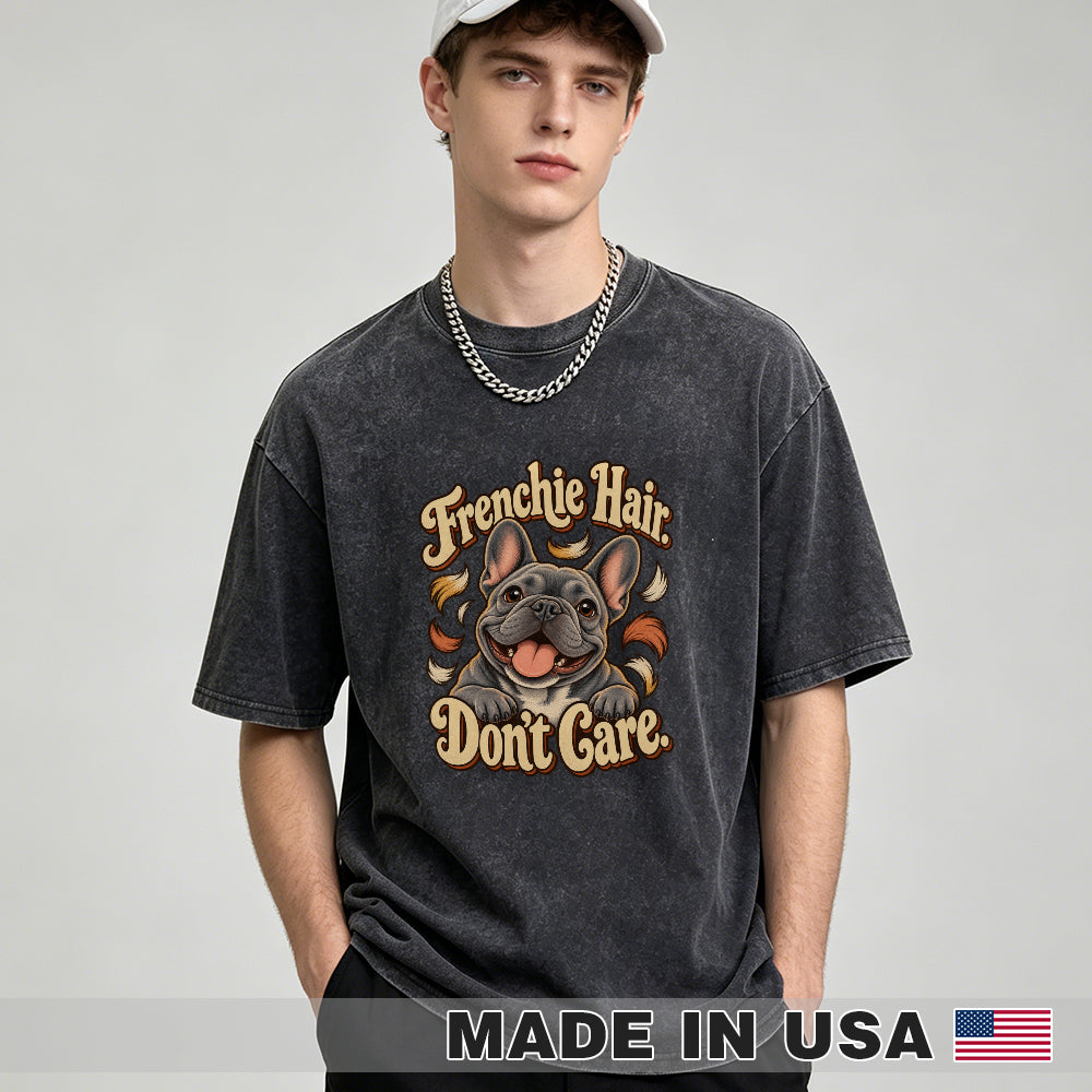 Frenchie Hair. Don't Care. — washed cotton French Bulldog T-shirt, Black studio model