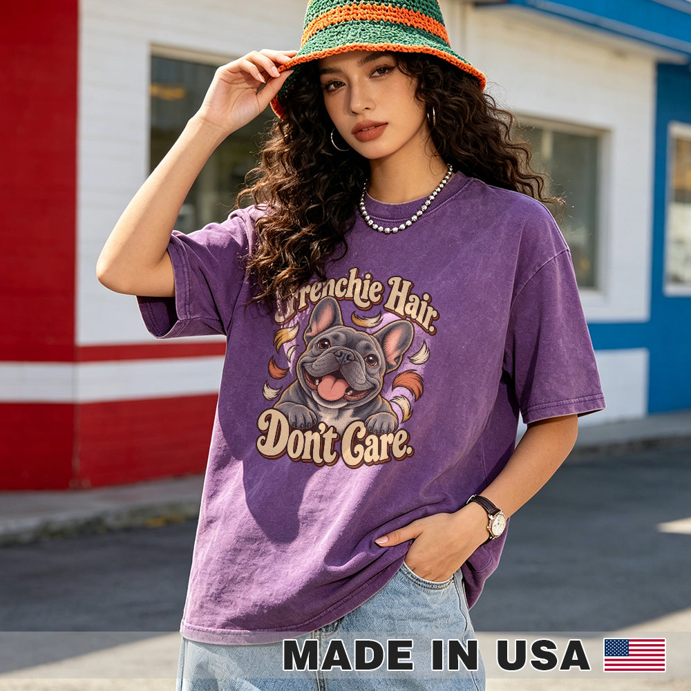 Frenchie Hair. Don't Care. — washed cotton French Bulldog T-shirt, Purple lifestyle