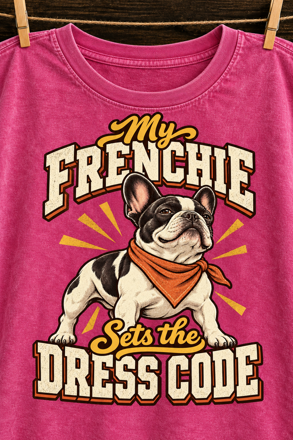 My Frenchie Sets the Dress Code — Red washed cotton French Bulldog T-shirt artwork close-up