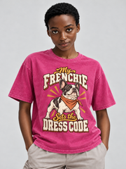 My Frenchie Sets the Dress Code — Red washed cotton French Bulldog T-shirt on our model