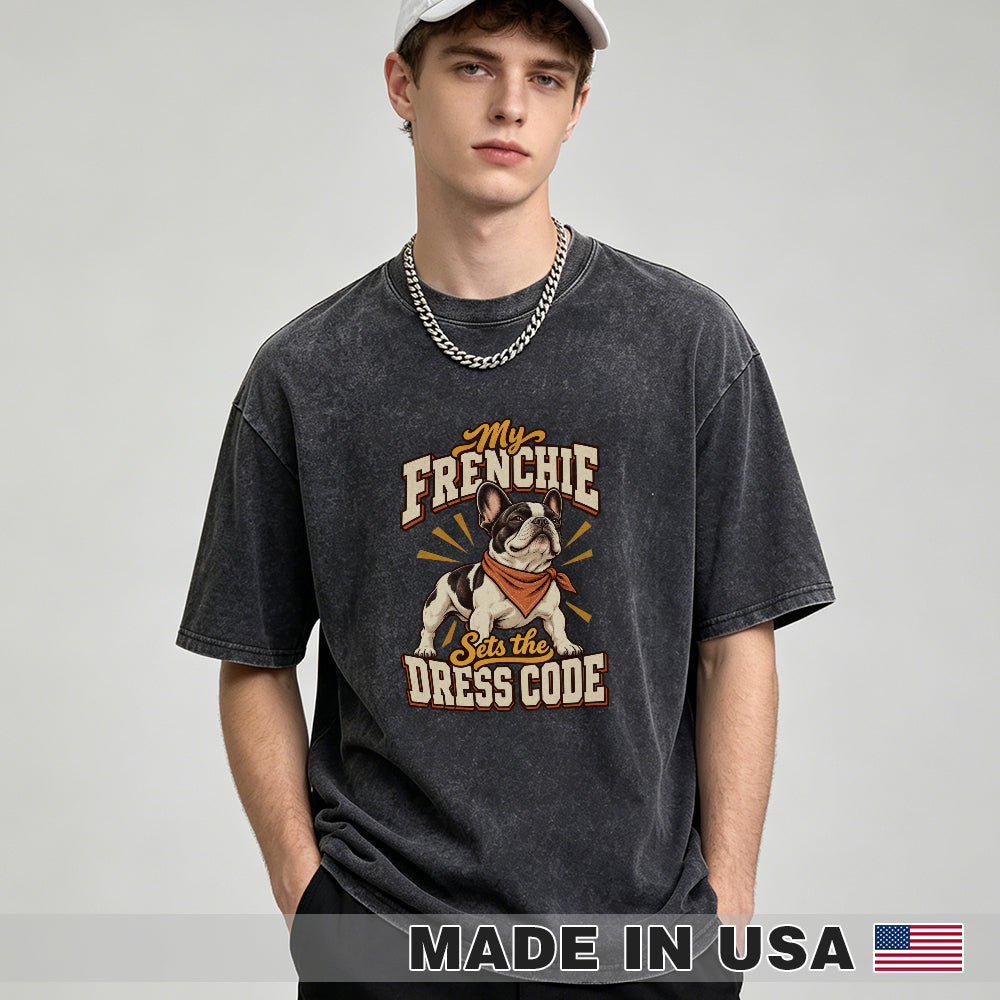 My Frenchie Sets the Dress Code — washed cotton French Bulldog T-shirt, Black studio model