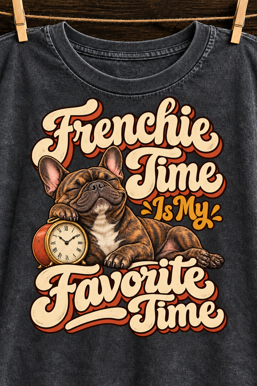 Frenchie Time Is My Favorite Time — Black washed cotton French Bulldog T-shirt artwork close-up
