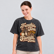 Frenchie Time Is My Favorite Time — Black washed cotton French Bulldog T-shirt on our model