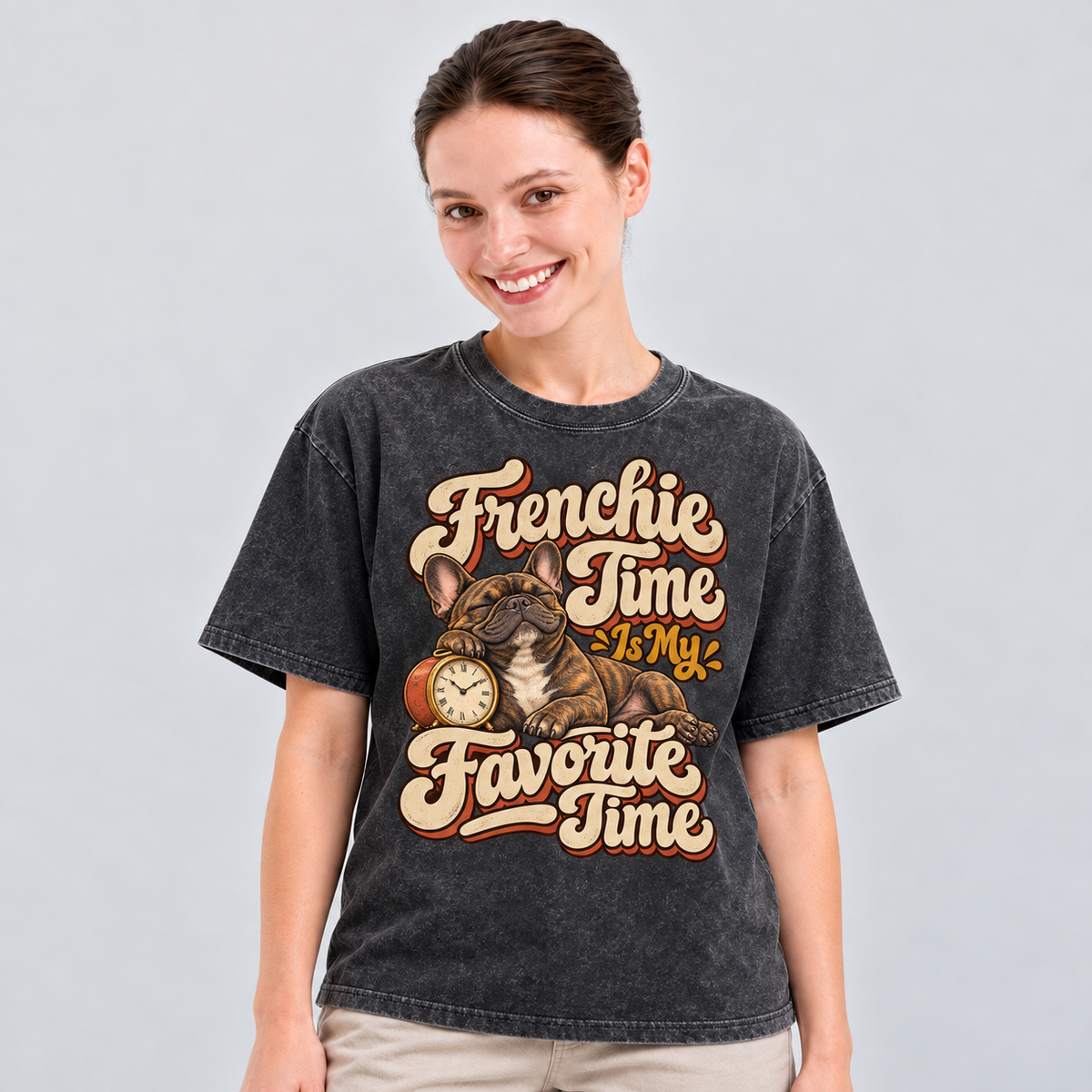 Frenchie Time Is My Favorite Time — Black washed cotton French Bulldog T-shirt on our model