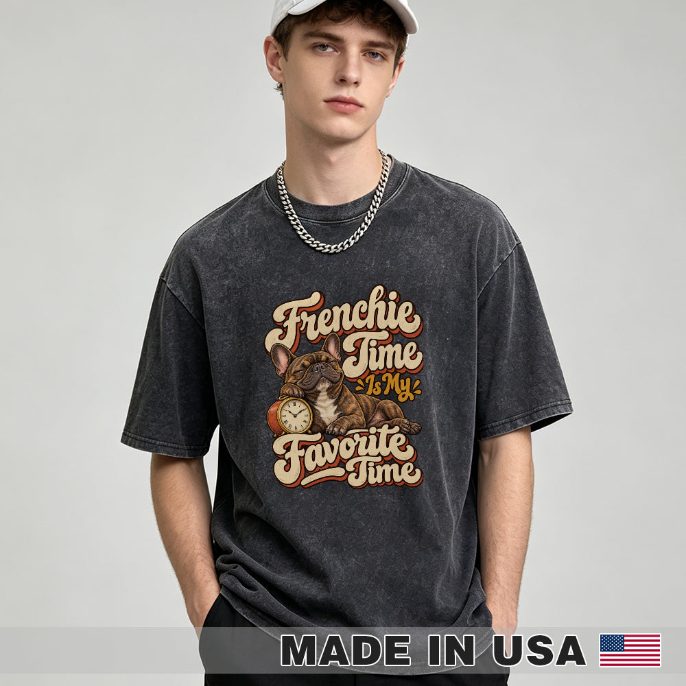 Frenchie Time Is My Favorite Time — washed cotton French Bulldog T-shirt, Black studio model