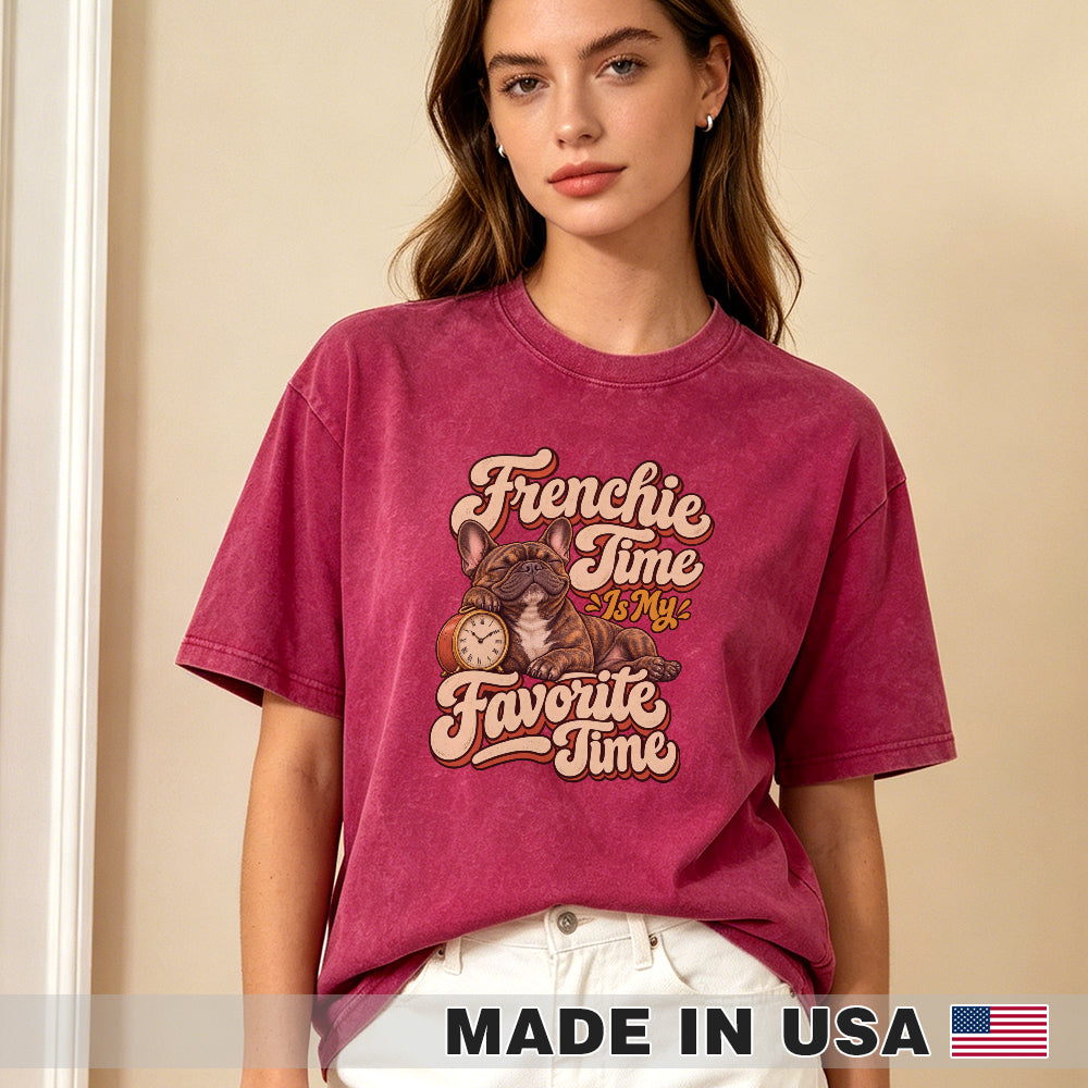 Frenchie Time Is My Favorite Time — washed cotton French Bulldog T-shirt, Red fuchsia lifestyle
