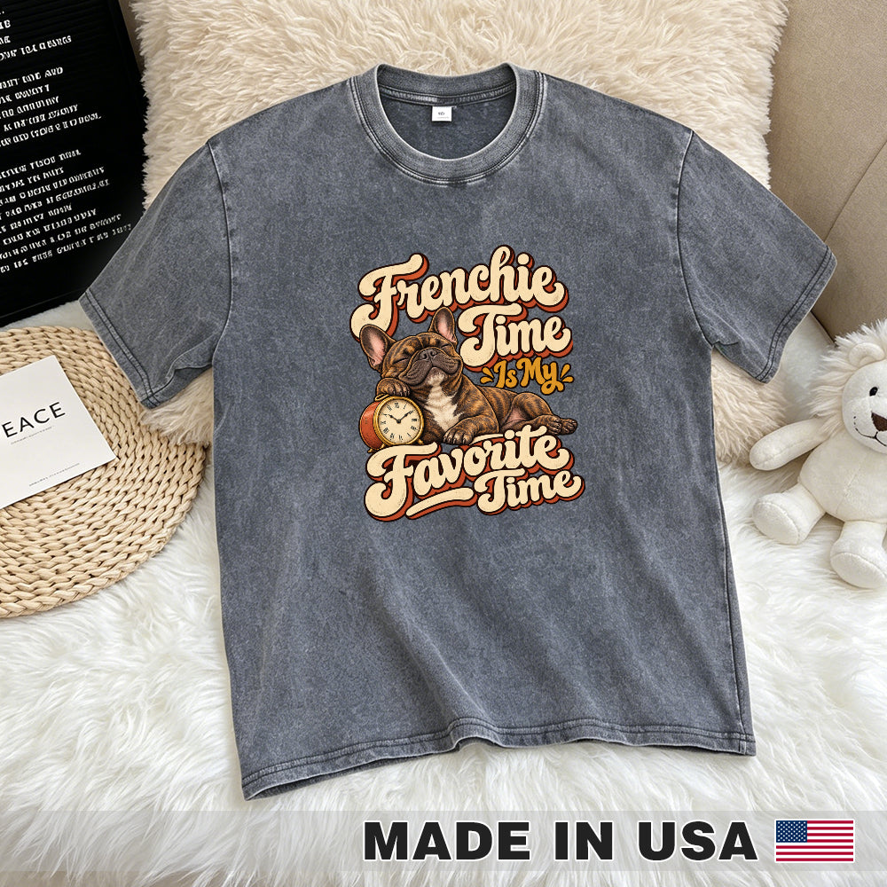 Frenchie Time Is My Favorite Time — washed cotton French Bulldog T-shirt, Gray flat lay