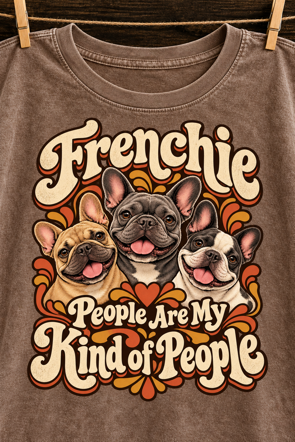 Frenchie People Are My Kind of People — Coffee washed cotton French Bulldog T-shirt artwork close-up