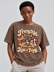 Frenchie People Are My Kind of People — Coffee washed cotton French Bulldog T-shirt on our model