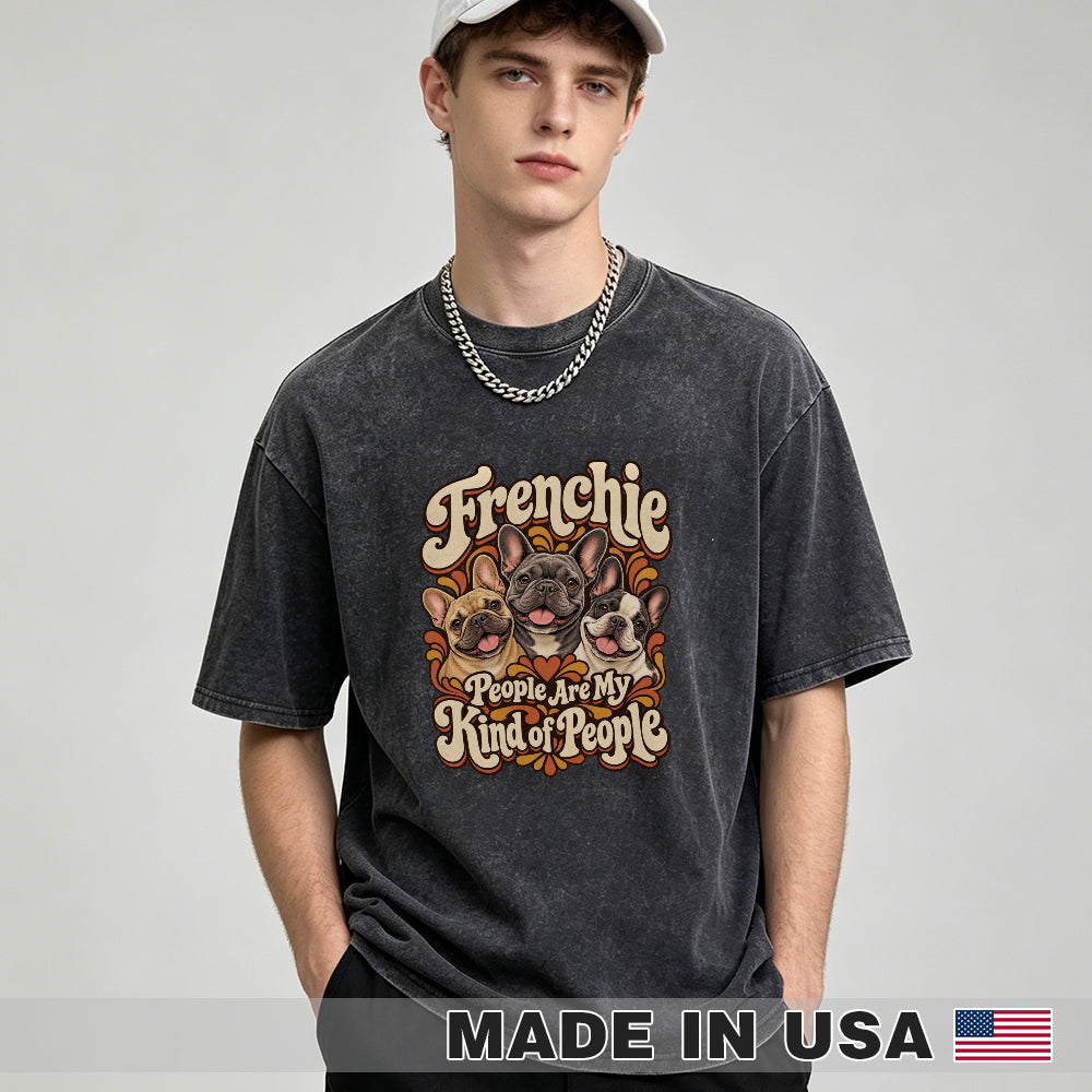 Frenchie People Are My Kind of People — washed cotton French Bulldog T-shirt, Black studio model