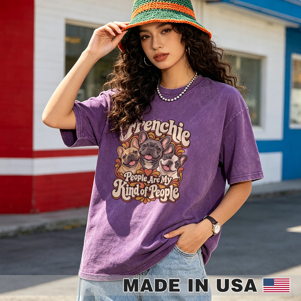 Frenchie People Are My Kind of People — washed cotton French Bulldog T-shirt, Purple lifestyle