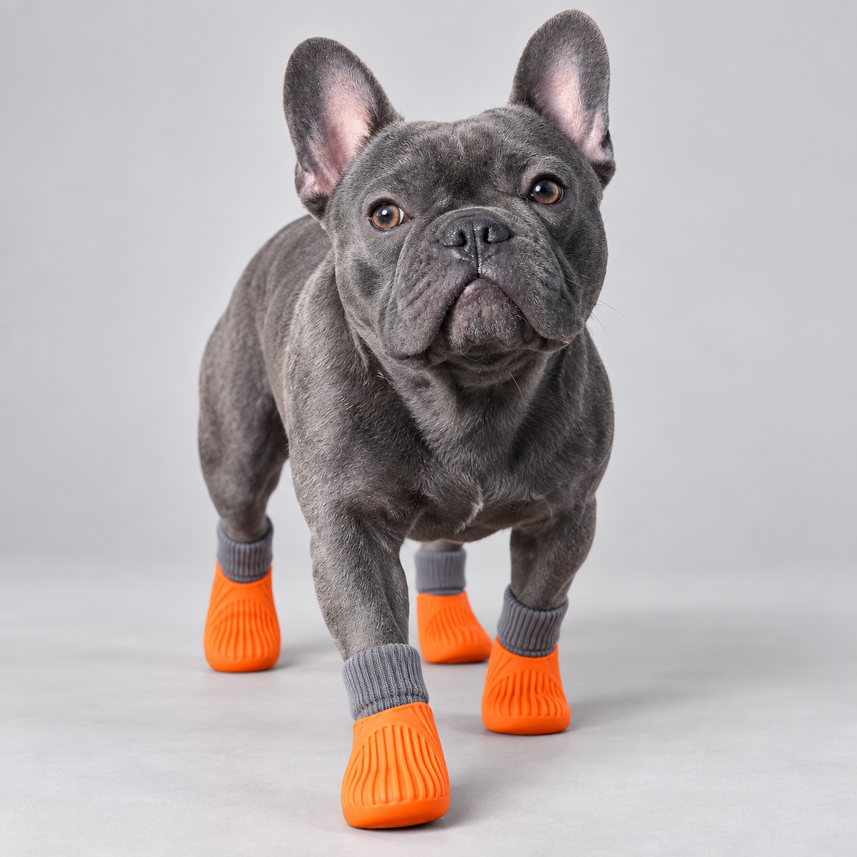 Blue French Bulldog walking forward in orange waterproof rain boots