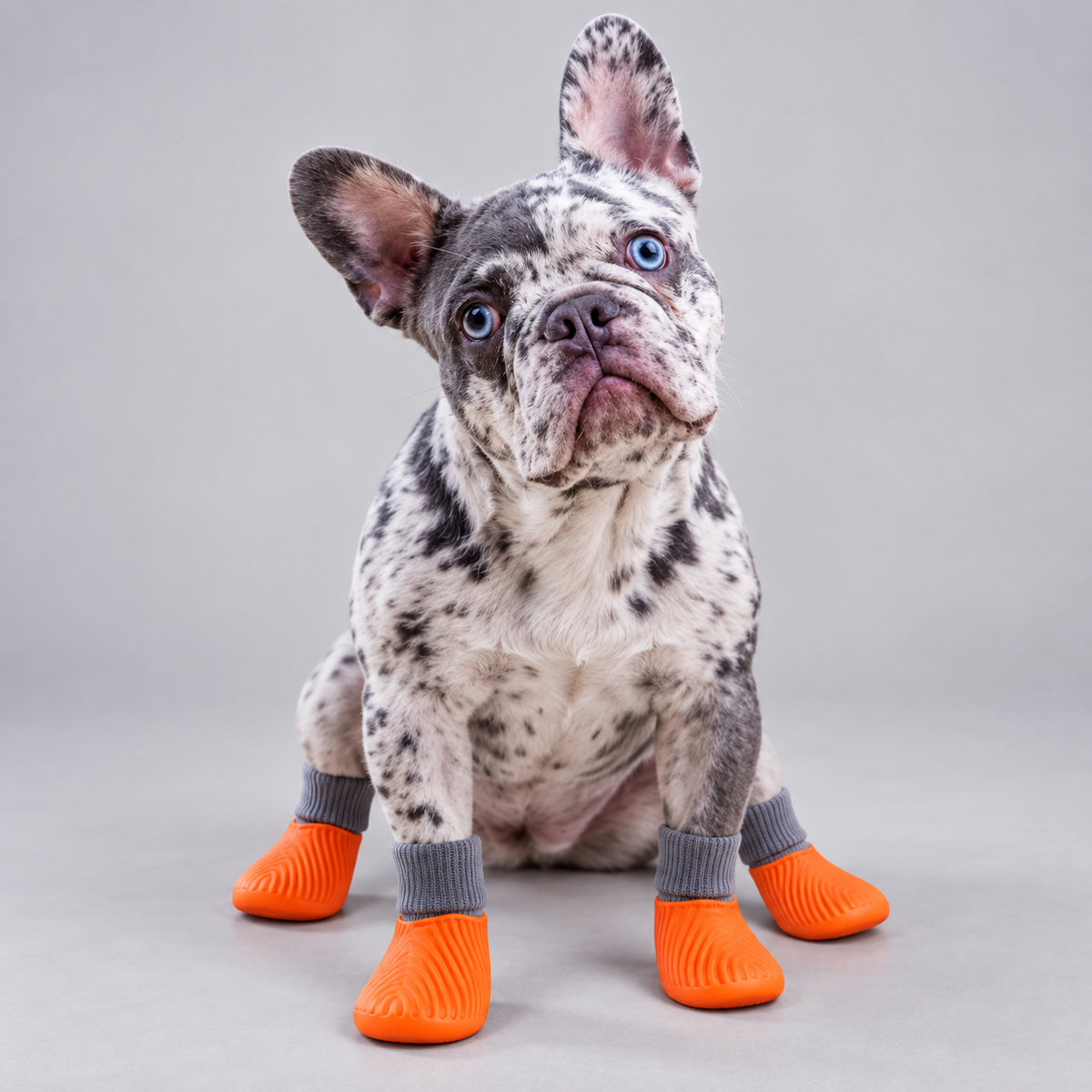Merle French Bulldog seated in orange waterproof rain boots