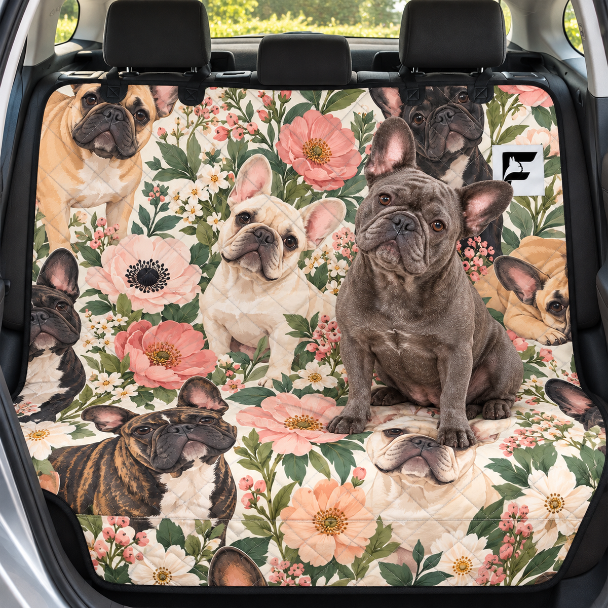 Wildflower Frenchies Frenchie-pattern car seat protector installed across rear bench with French Bulldog