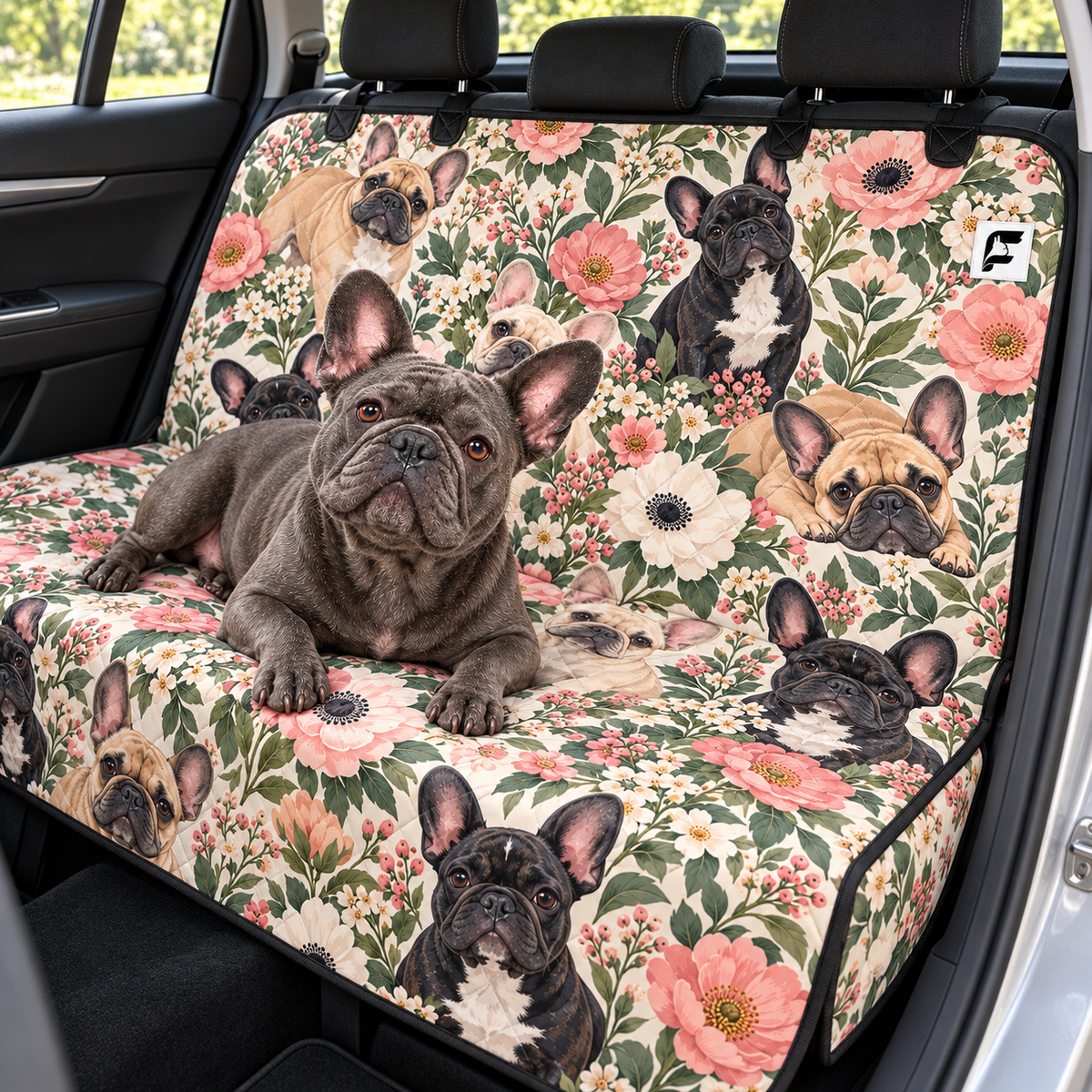 Wildflower Frenchies patterned dog car seat cover with French Bulldog model on a rear bench